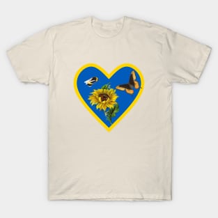 Sunflowers Bee and Butterfly in Blue and Yellow Heart T-Shirt